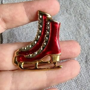 Vintage Ice Skating Brooch Pin Enamel and Rhinestone